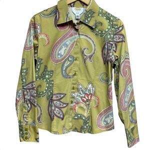 Talbots Cotton Button Front Shirt With Stretch Colorful Paisley Size Small